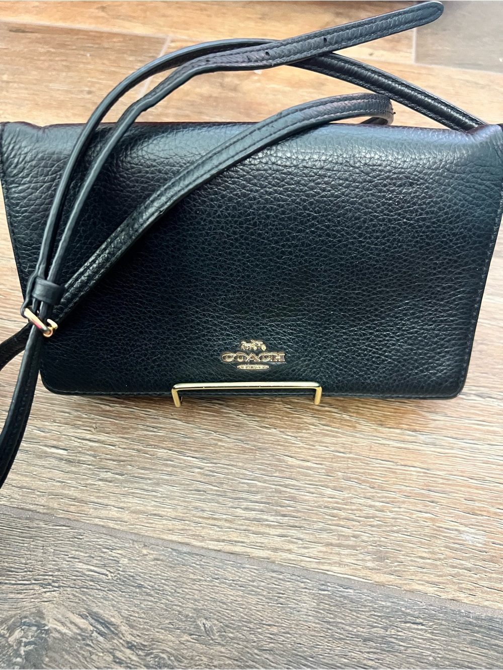 COACH Anna Foldover Clutch Crossbody Black Pebble Leather Bag